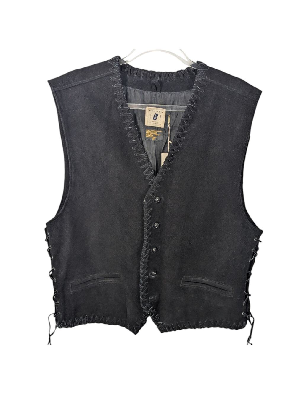 VTG Horizon Bloomingdales Black Suede Vest Lace Up Sides Cross Stitch XL NWT